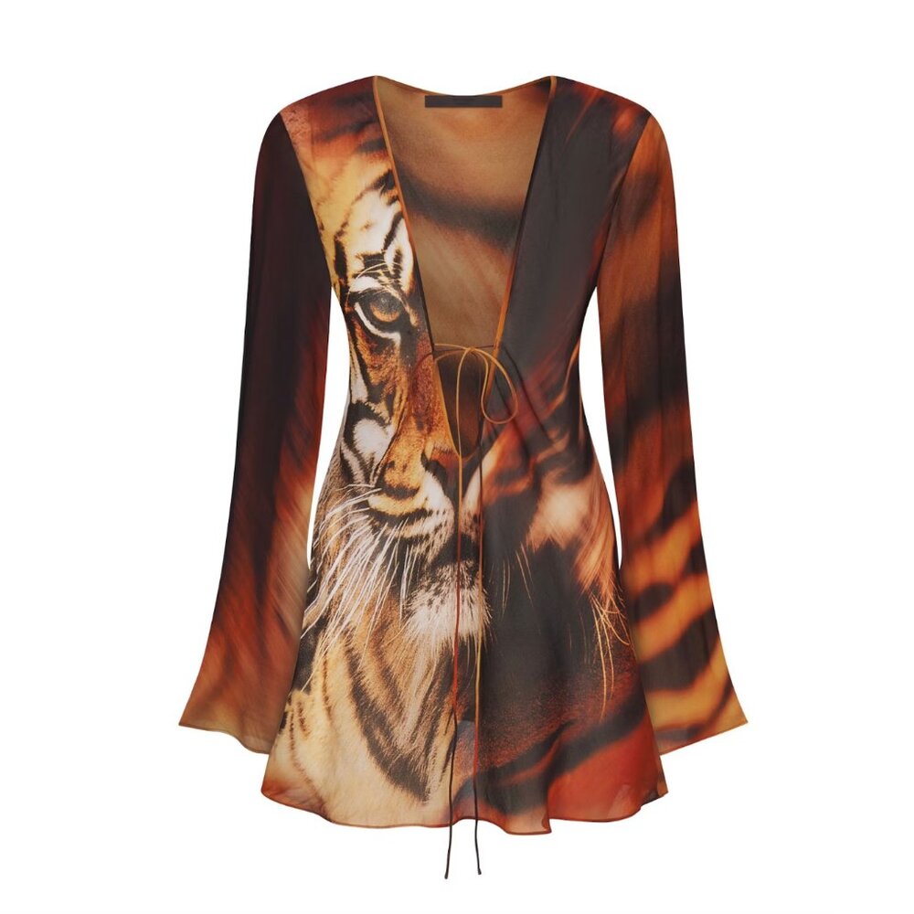 ROBERTO CAVALLI X SKIMS LONG SLEEVE TIGER MINI DRESS
